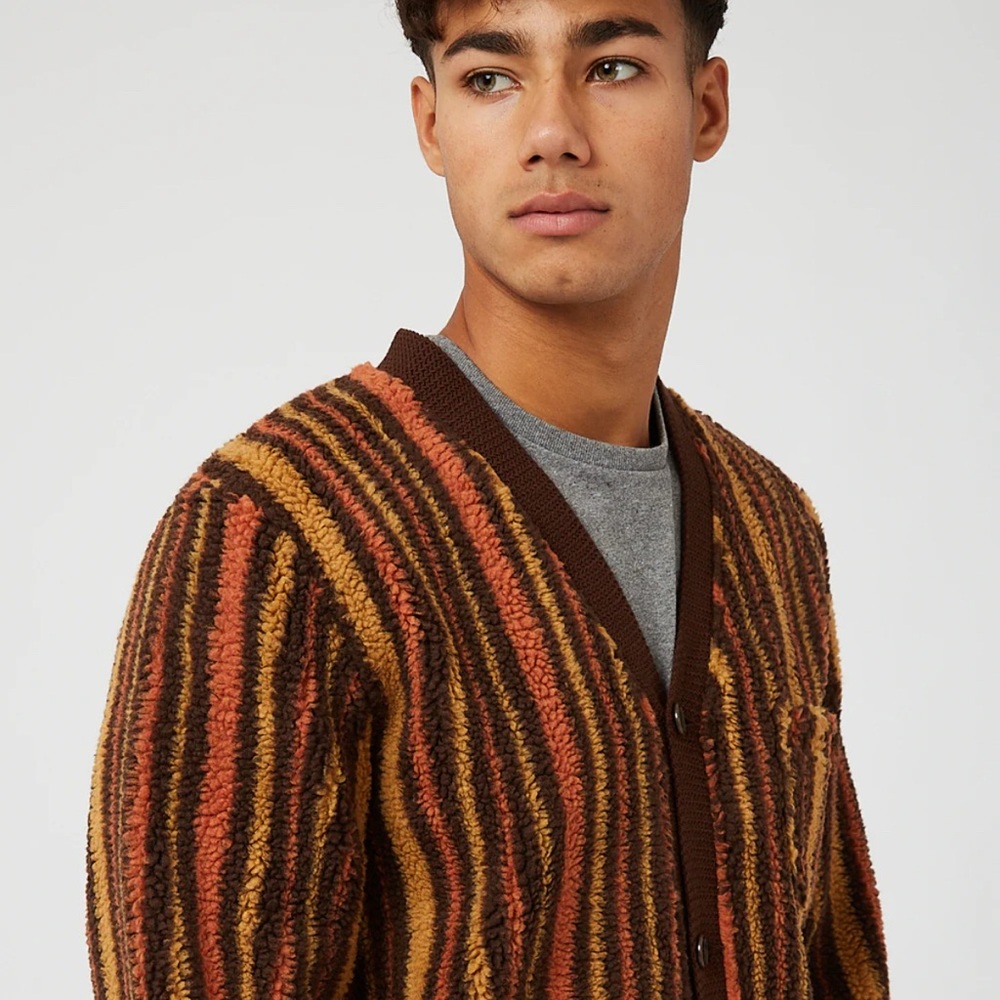 BEAMS + Fleece Cardigan Stripe in Brown and Orange and Yellow Camel
